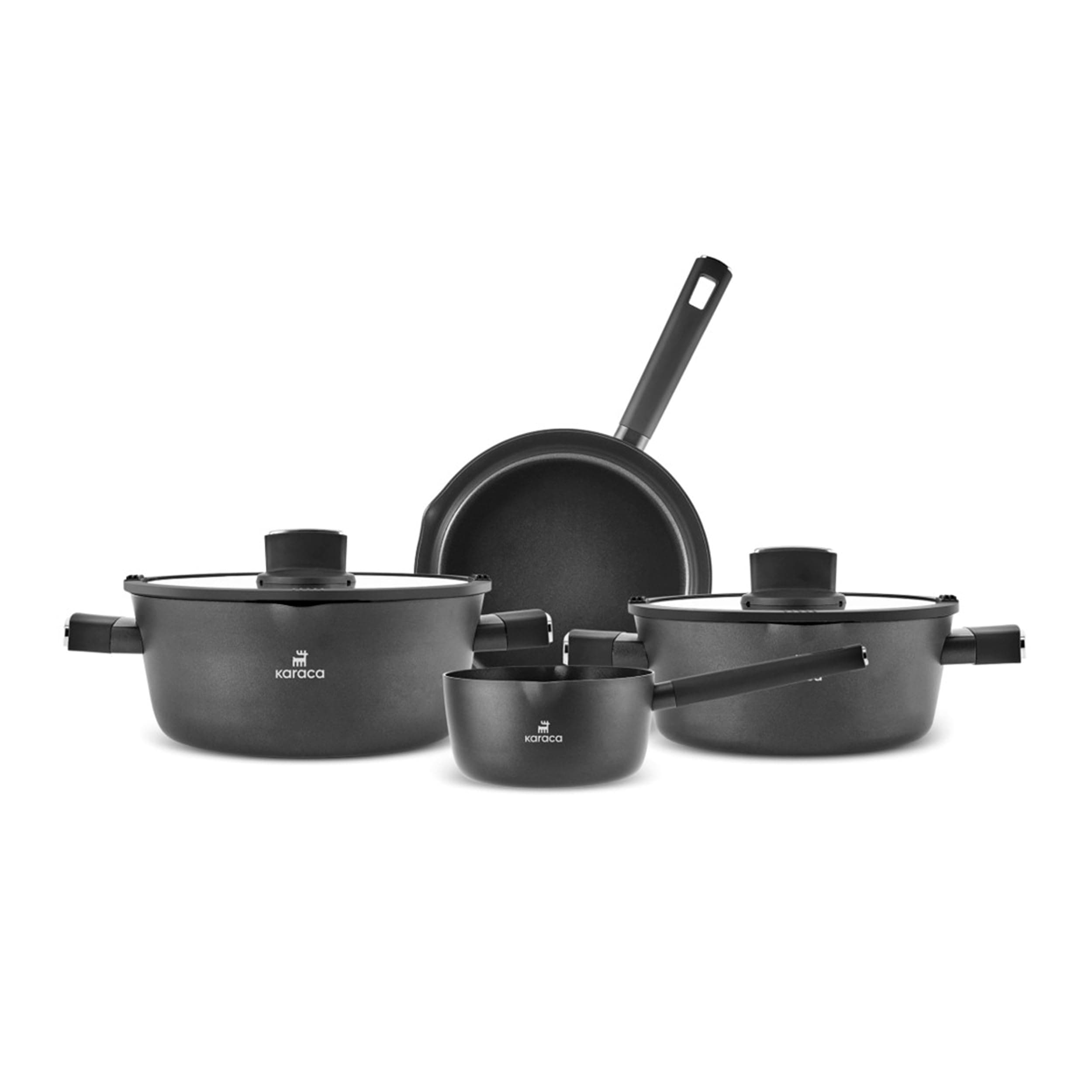 Karaca Swiss Crystal Ceramic Midnight Cookware Set - Non Stick Pots and Pans Set with Lid - PFAS-Free, Dishwasher Safe, Induction Hob Compatible Cookware, Black, 6 Piece