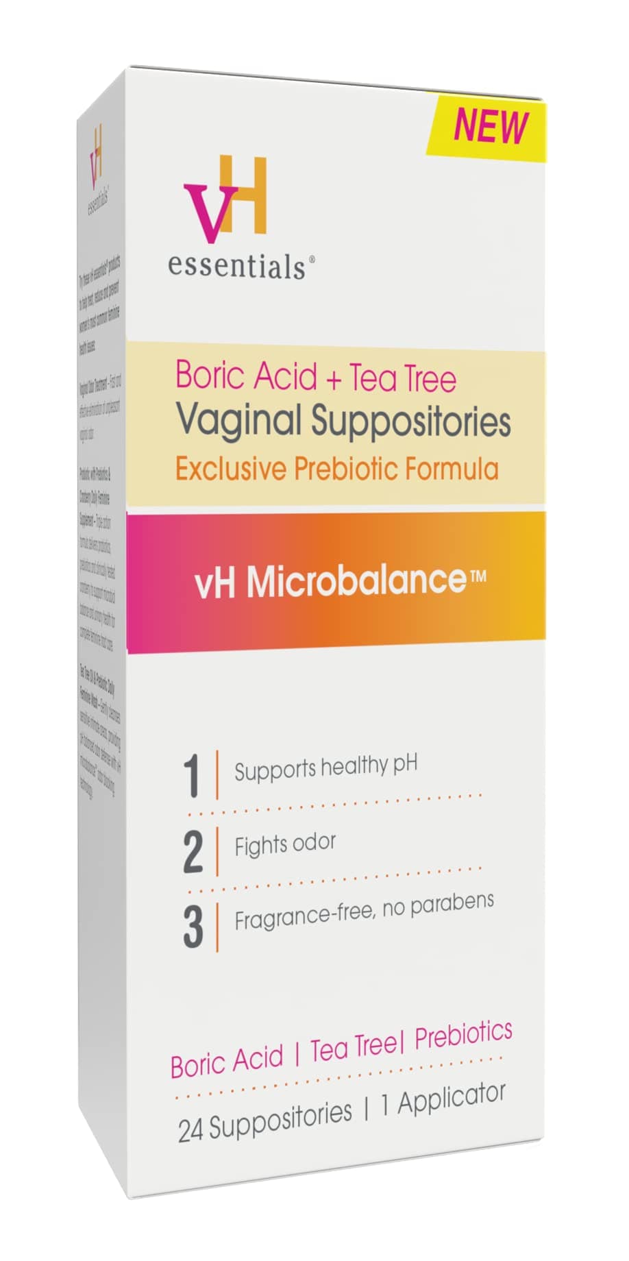 vH Essentials Boric Acid and Tea Tree Vaginal Suppositories - Prebiotics Formula with Lactic Acid - PH Balance, Odor Control, Feminine Care - 24 Suppositories and Applicator, White, 2.4 Ounces