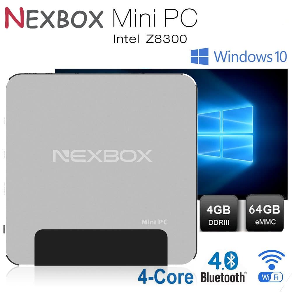 NEXBOX 4GB Ram + 64GB Rom Windows 10 Mini PC Desktop 4K with Intel Z8300 Quad-core Processor 64Bit Support WiFi 2.4G Bluetooth 4.0