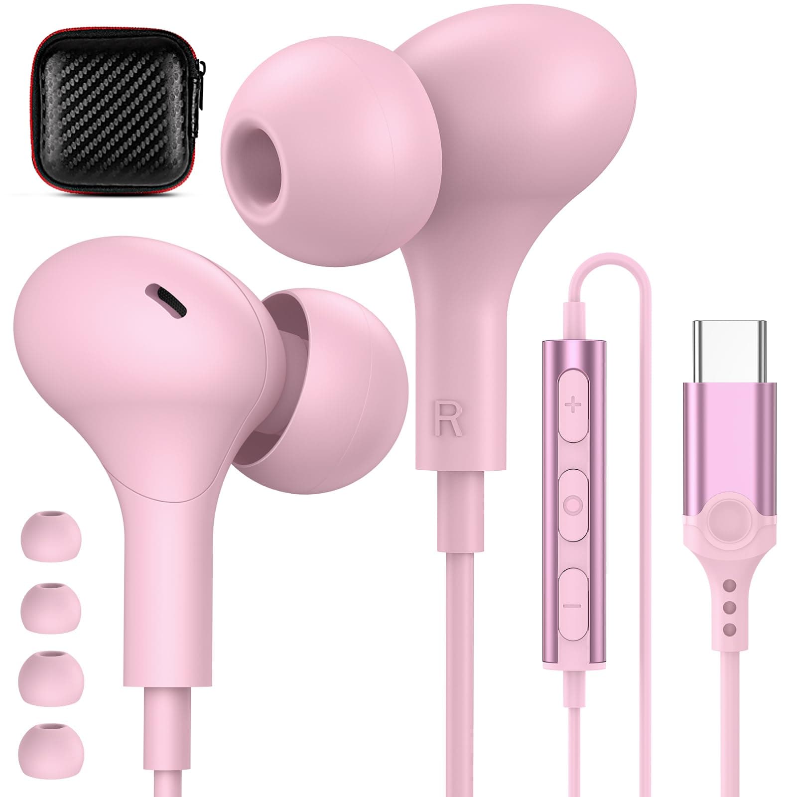 USB C Headphones for iPhone 17 16 15 Plus/Galaxy S26 S25 Wired Earbuds with Microphone for Samsung S24 S23 S22 S21 S20 Ultra, Magnetic Noise Canceling in-Ear Type C Earphone for iPad 10/Pixel 8a, Pink