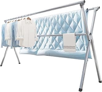 Clothes Drying Rack 95 Inches Folding Indoor Outdoor, Drying Rack Clothing Collapsible, Foldable Portable Laundry Drying Rack, Heavy Duty Stainless Steel Clothesline, 20 Hooks 12 Clips