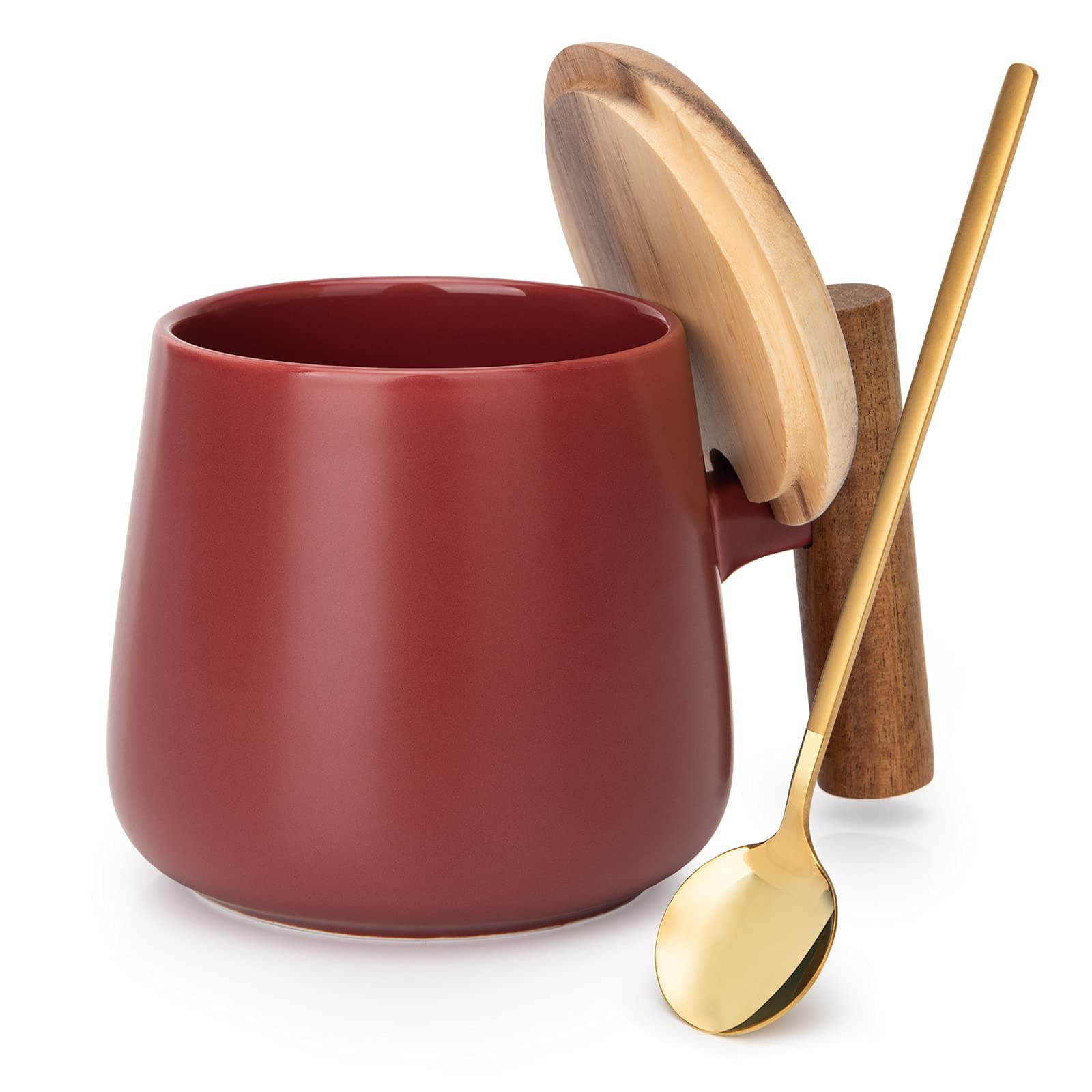 14 Oz Ceramic Coffee Mug with Lid and Coffee Spoon for Latte,Cappuccino Mug, Cocoa Mugs, Tea Mug, Birthday Gifts for Women, 1 Pack (Matte Red)