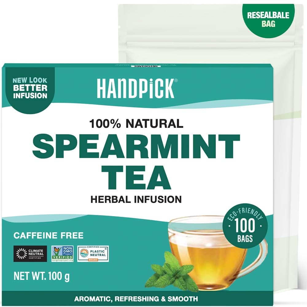 HANDPICK, Spearmint Tea (100 Herbal Tea Bags) Premium Spearmint Leaves, Caffeine Free | Non-GMO, Gluten Free | 100% Halal Certified | Round Eco-Conscious Tea Bags | Light & Fresh