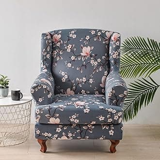 Chickwin Stretch Wingback Chair Slipcover, Botanical Print Living Room Chair Covers Furniture Protector, Spandex Wing Back Chair Covers with Arms (Plum Bossom)