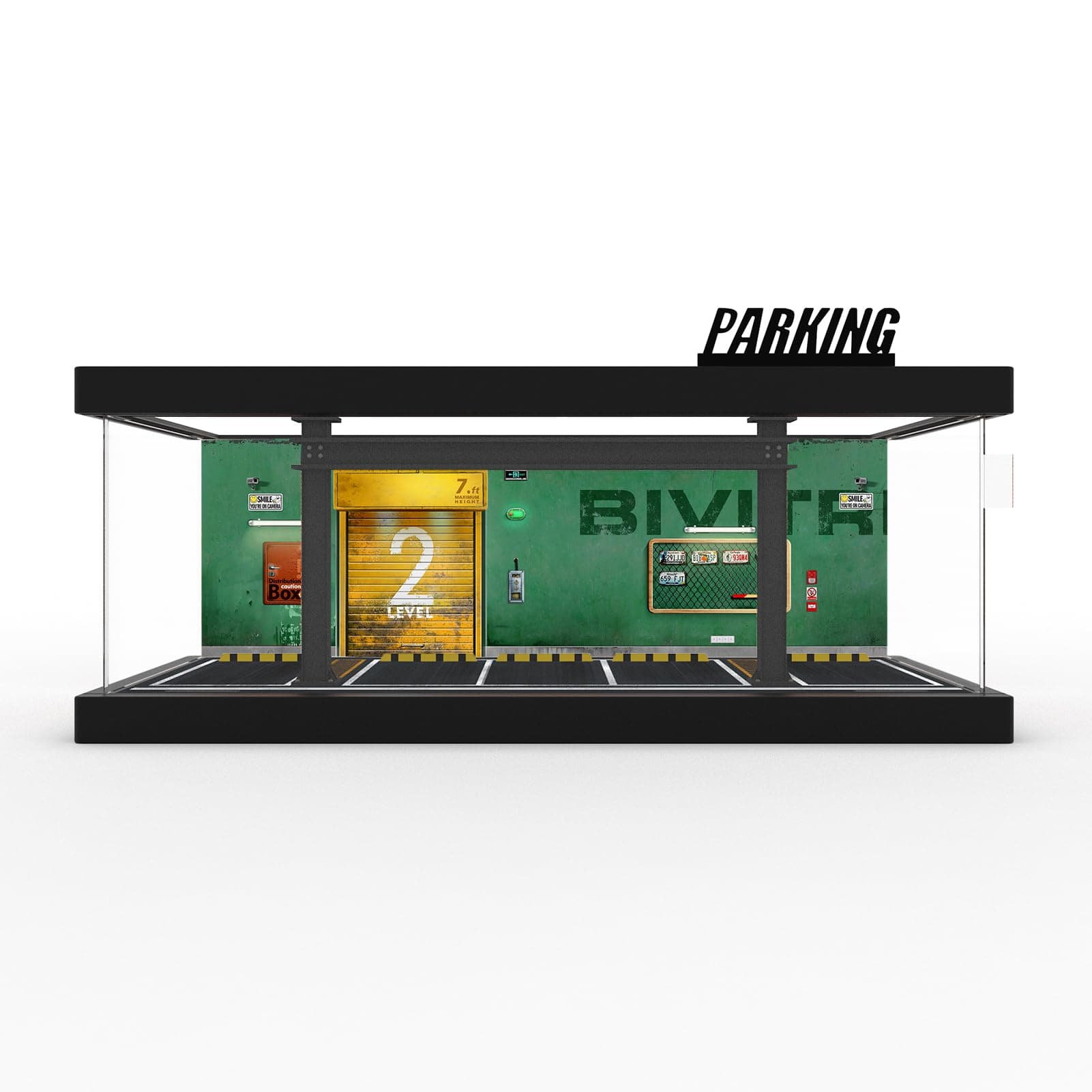 1/64 Diorama Plastic Display Case - Compatible with Hot Wheels Matchbox Mini GT Diecast Cars,for Model Car Display and Storage,Stackable Garage with LED Lights and Acrylic Cover (LM-GreenWall)