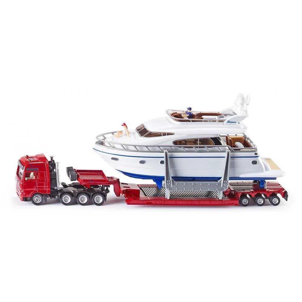 SIKU 1:87 Scale Low Loader Transporter with Floating Yacht - Truck Toy for Boys Aged 3 and Above, Adults Who Appreciate Detailed Miniature Models
