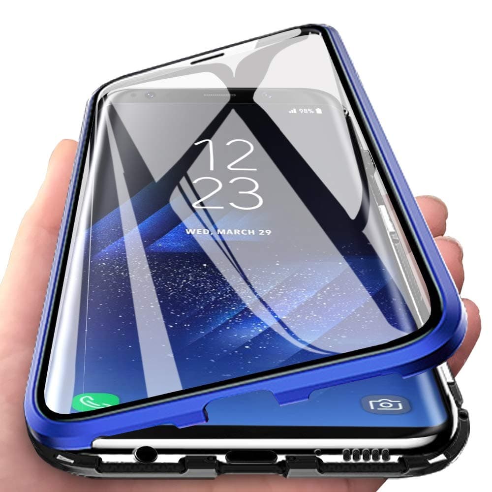EabHulie Galaxy S8 Plus Case, 360° Full Body Transparent Tempered Glass with Magnetic Adsorption Metal Bumper Case Cover for Samsung Galaxy S8 Plus Blue Black