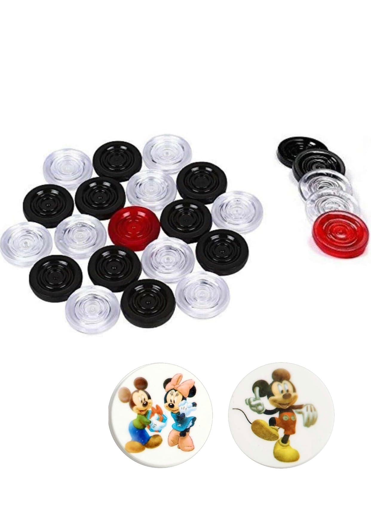 Generic Acrylic 6mm Carrom Coins Board Game with Two Printed Striker | Red, White & Black Carrom Coins + Striker | Family Indoor Game (Ages All)