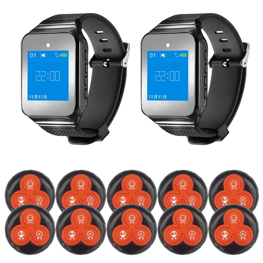 Customers Patient Pager System, Wireless Calling System, 2 Watch Receivers + 10 Pagers, Support 999 Call Bells, Equipped with Waterproof Base, Used for Bathing, Hotel, Restaurant, Bar Service Desk