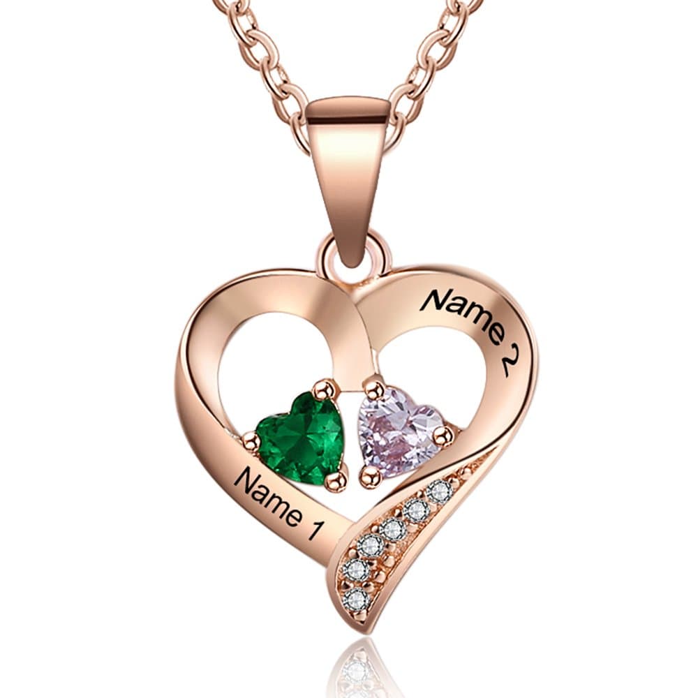 Sterling Silver Personalized 2 Names Necklace with 2 Heart Simulated Birthstone Couple Pendant Necklace for Women