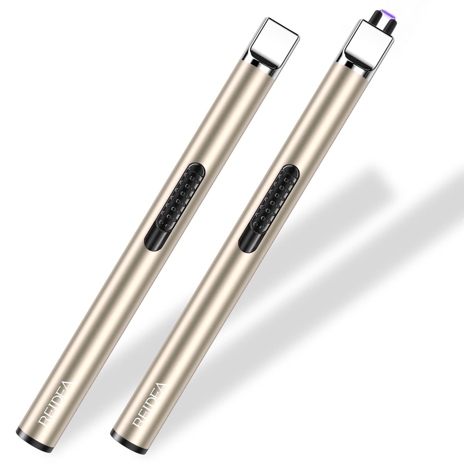 REIDEA 2 Pack Lighter S4 Electronic Candle Arc Windproof Flameless USB Rechargeable Lighter with Safe Button for Home Kitchen (Champagne Gold)
