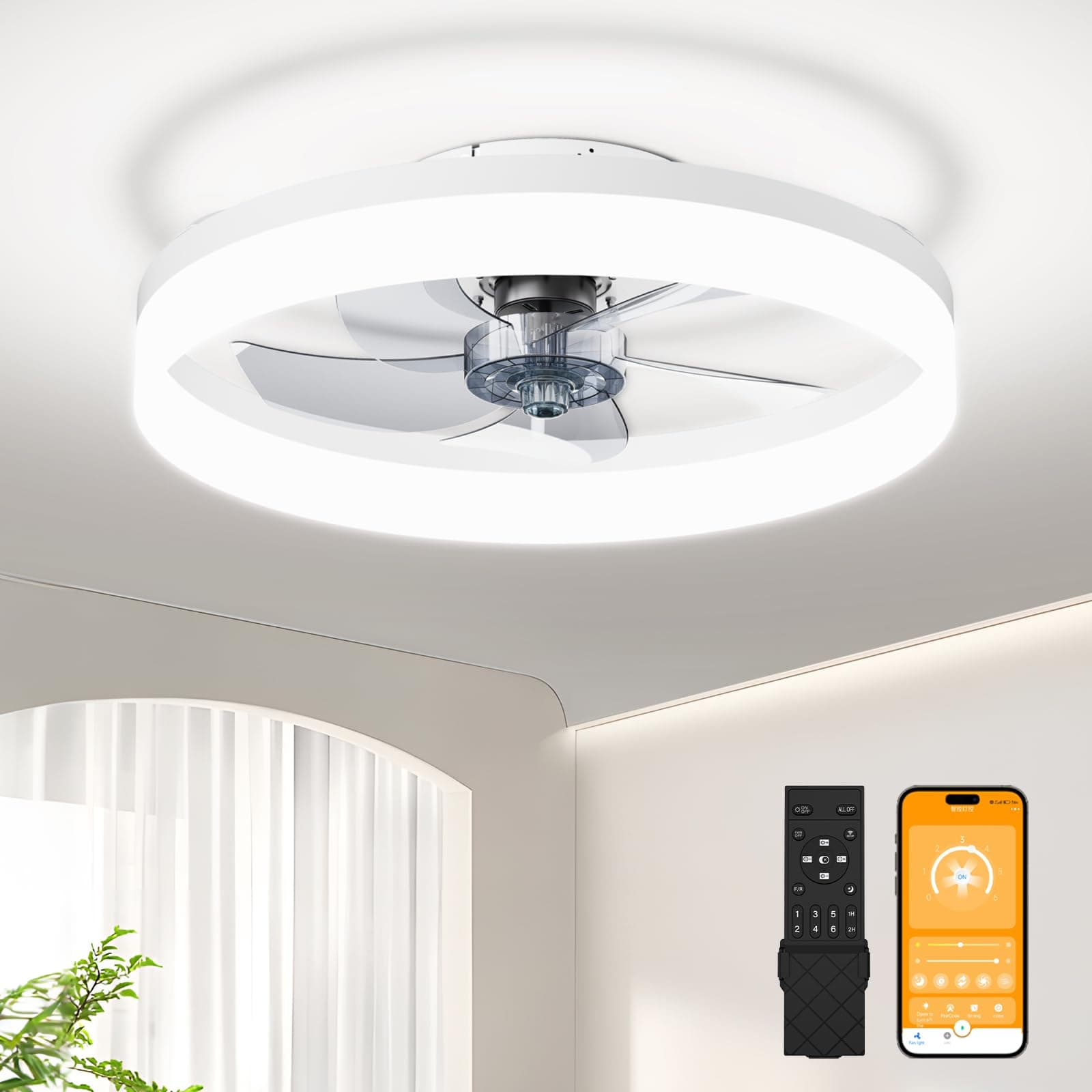 19.7" Low Profile Flush Mount Ceiling Fan with Light Remote & App Control | 6-Speed Reversible & Silent Fan with 3000K-6500K Adjustable Lighting for Living Room, Bedroom, Kitchen, White