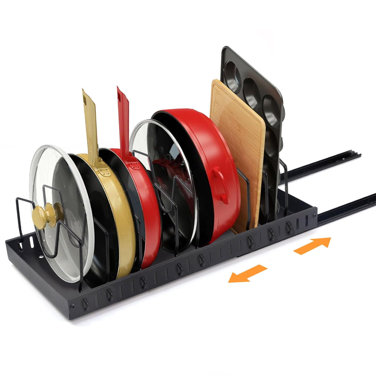 XIAPIA Expandable Pan Organiser for Cupboard, Pull Out Pans and Pots Organizer for Kitchen Storage Cabinets with 8 Adjustable Dividers, Pan Lid Rack Holder for Kitchen Cabinet Organizer