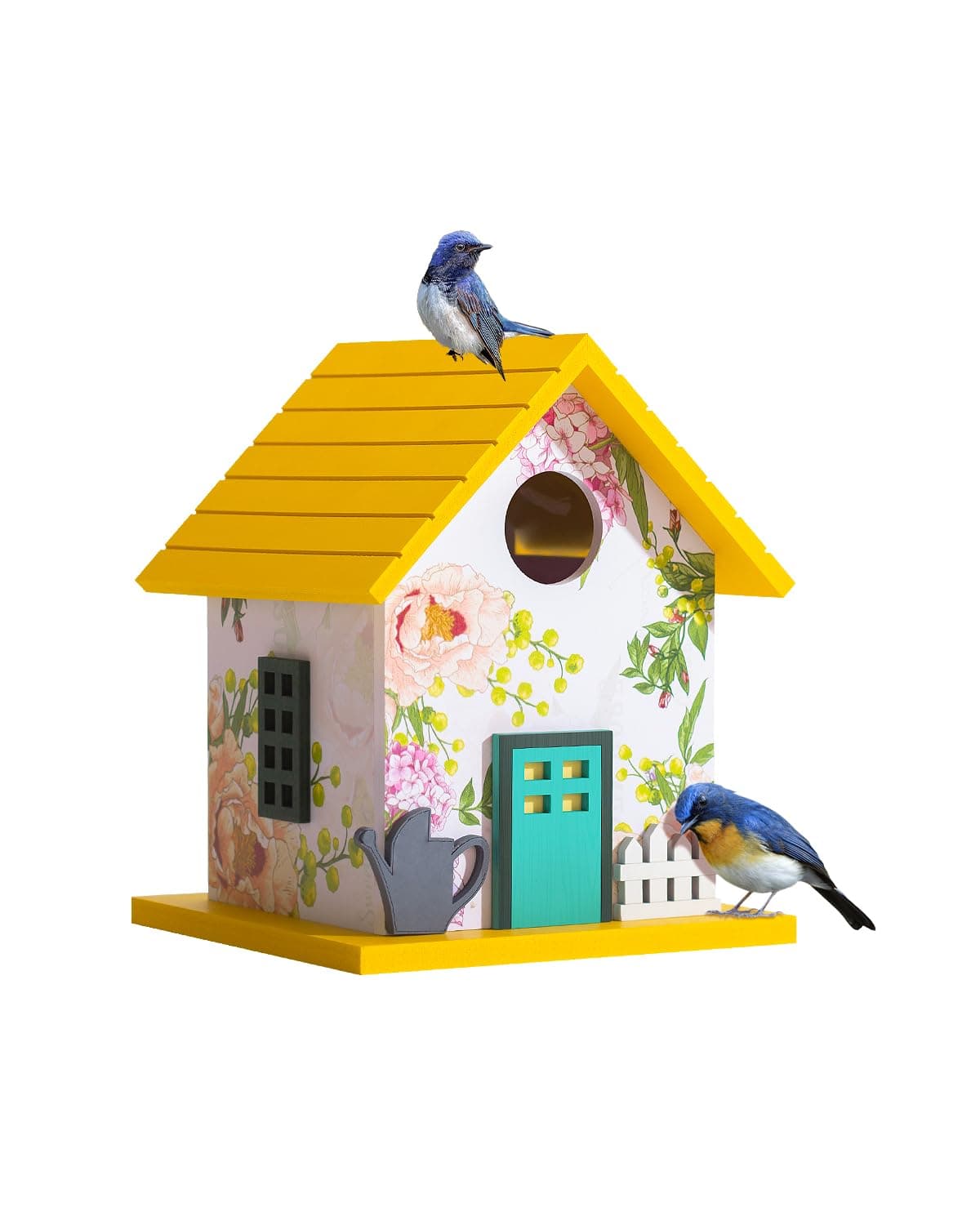 Spring Melody Bluebird House, Composite Material Nesting Box, Hanging Birdhouse for Blue Bird,Sparrow, Chickadee, Birdhouse for Outside, 5 Years Weatherable Bird Box on Post for Pole (Garden Cottage)
