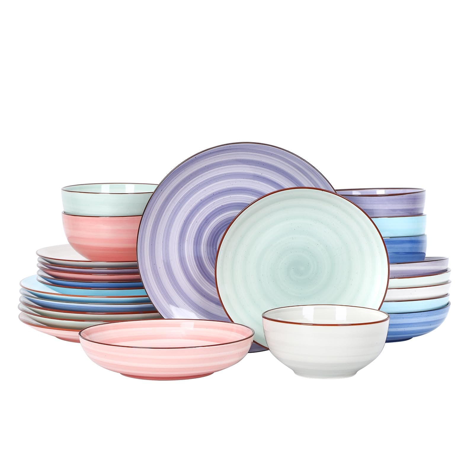 Selamica Ceramic Plates and Bowls Set, 24 Pieces Dinnerware Sets for 6, Scratch Resistant Dishes Set, Handpainted Swirl with Spot Dishwasher & Microwave Safe, Gradient Color