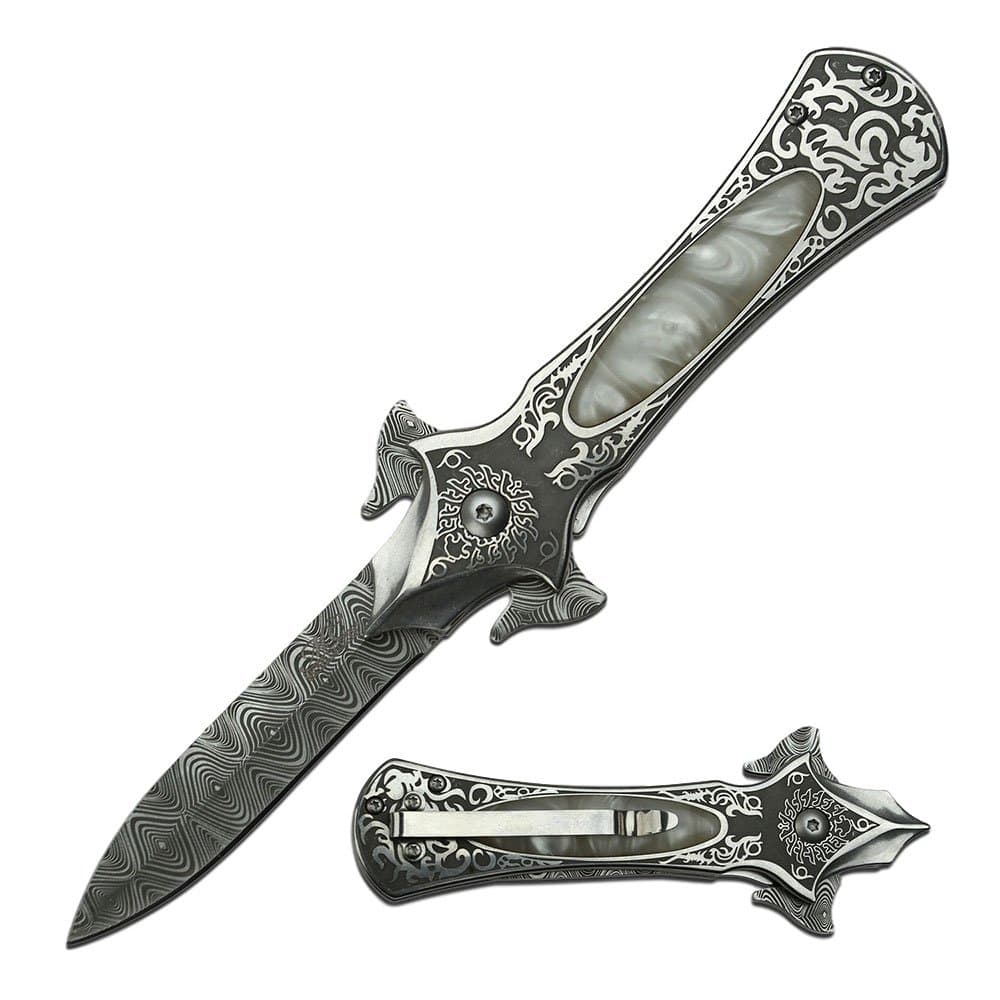 Masters Collection Cross Etched Design Spring Assisted Knife (Grey)