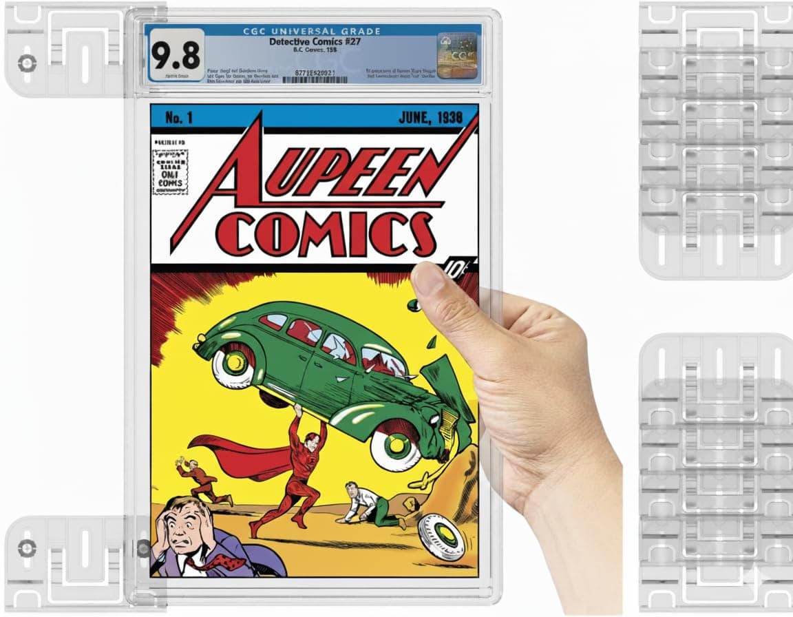SlabGrabs-Standard Fit 10-Piece Comic Wall Mount (Holds 5 Slabs), Active-Grip Security Lock, Heavy Duty Clear Display for PSA & Pre-2024 CGC – Not for Thick Slabs.