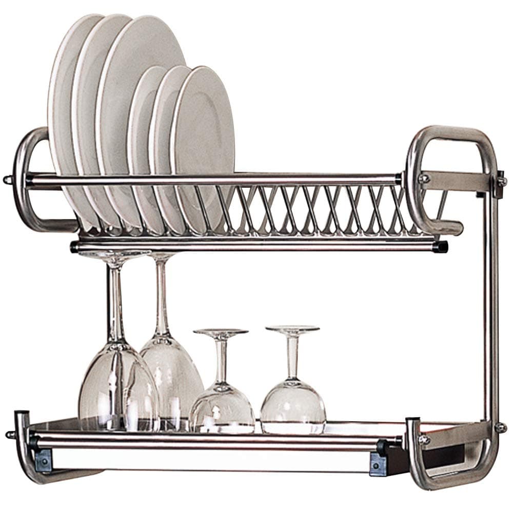 2 Tier Dish Drying Rack Stainless Steel Wall Mounted Or Stand On Countertop Draining Rack 17.3 Inch Length 14 Dish Slots Organizer with Drainboard for Cup Plate Bowl
