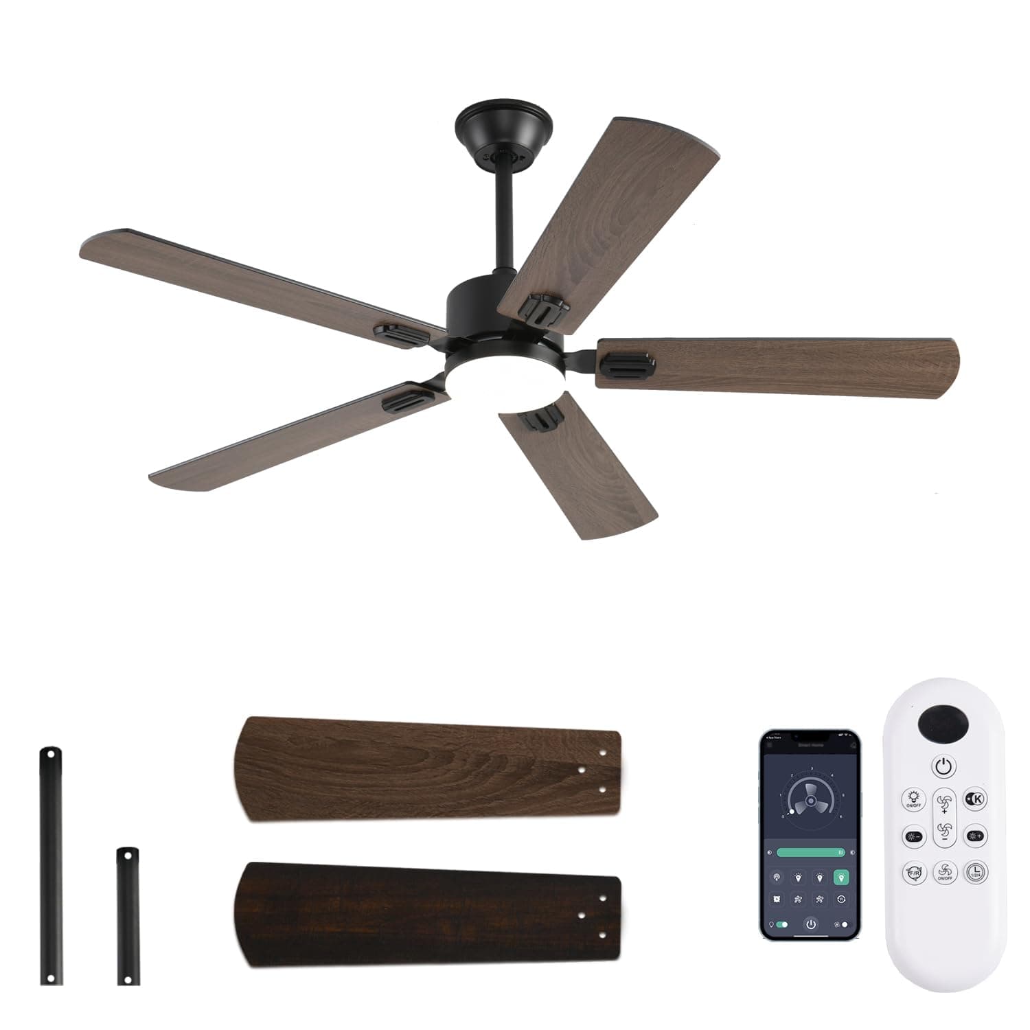 52 inch Modern Ceiling Fans with Lights APP/Remote Control, Low Profile Reversible 6 Speeds Dimmable Ceiling Fan Light for Indoor/Outdoor Bedroom Living Room（Brown）