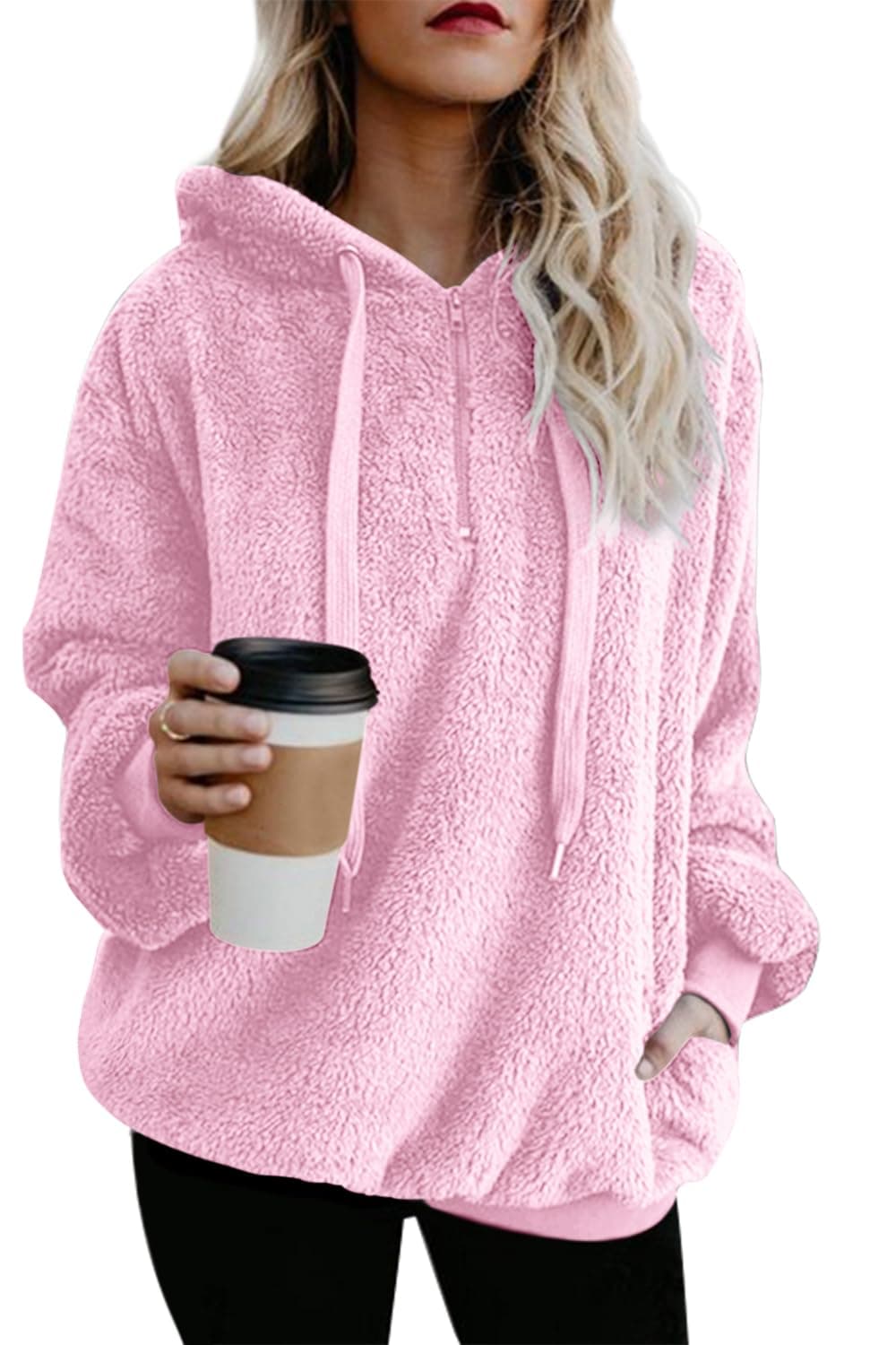 Womens Fuzzy Fleece Pullover Oversized Sherpa Jacket Half Zip Pullover Sweaters Winter Faux Fur Jacket Coat