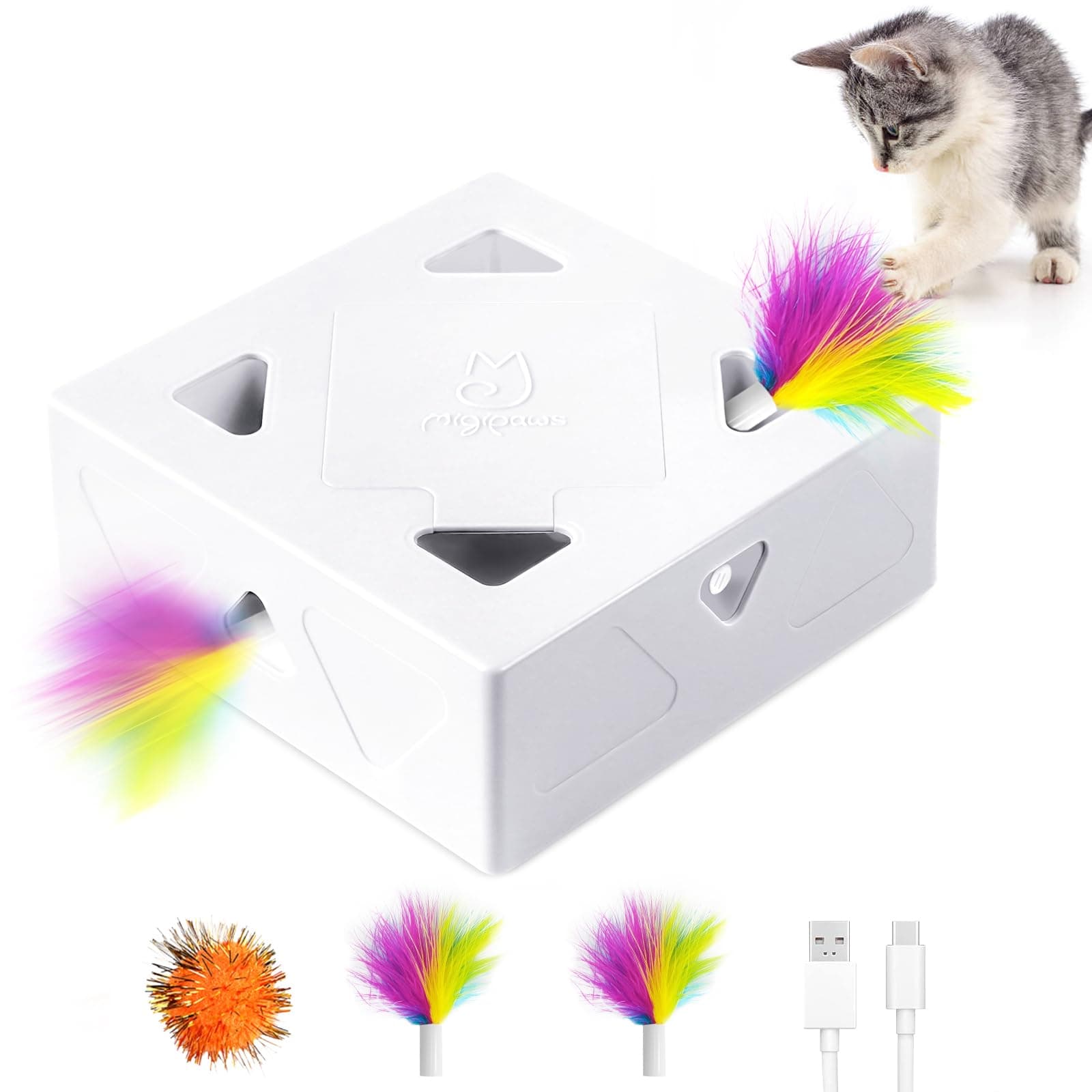 cat toys, interactive automatic 7-hole-mouse MigiBox, intelligent feather kitten toy, Cardboard toy for bored cats, Rechargeable