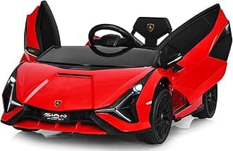 12V Licensed Lamborghini Sian Kids Ride On Car with Parent Remote Control, Spring Suspension, MP3 Player, Electric Toy Roadster Carbon Fiber Textured for Toddler (Red)