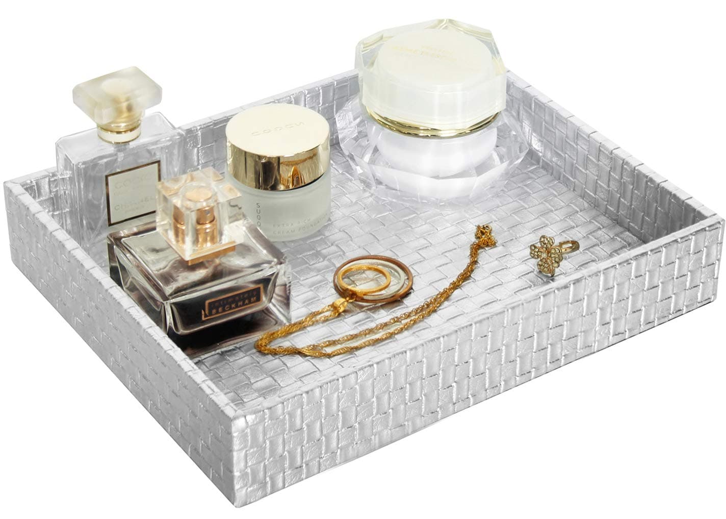 Gurfuy Rectangular Faux Leather Small Serving Tray 10" x 8" Modern Elegant Decorative Tray for Coffee Table Jewelry Perfume Organizer Living Dining Room Coffee Table Bathroom Office (Silver)