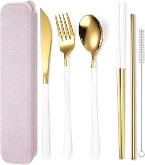 AARAINBOW 6 Pieces 18/8 Stainless Steel Flatware Set Portable Reusable Cutlery Set Travel Utensils Set Including Chopsticks Knife Fork Spoon Straws Cleaning Brush Dishwasher Safe (White golden)