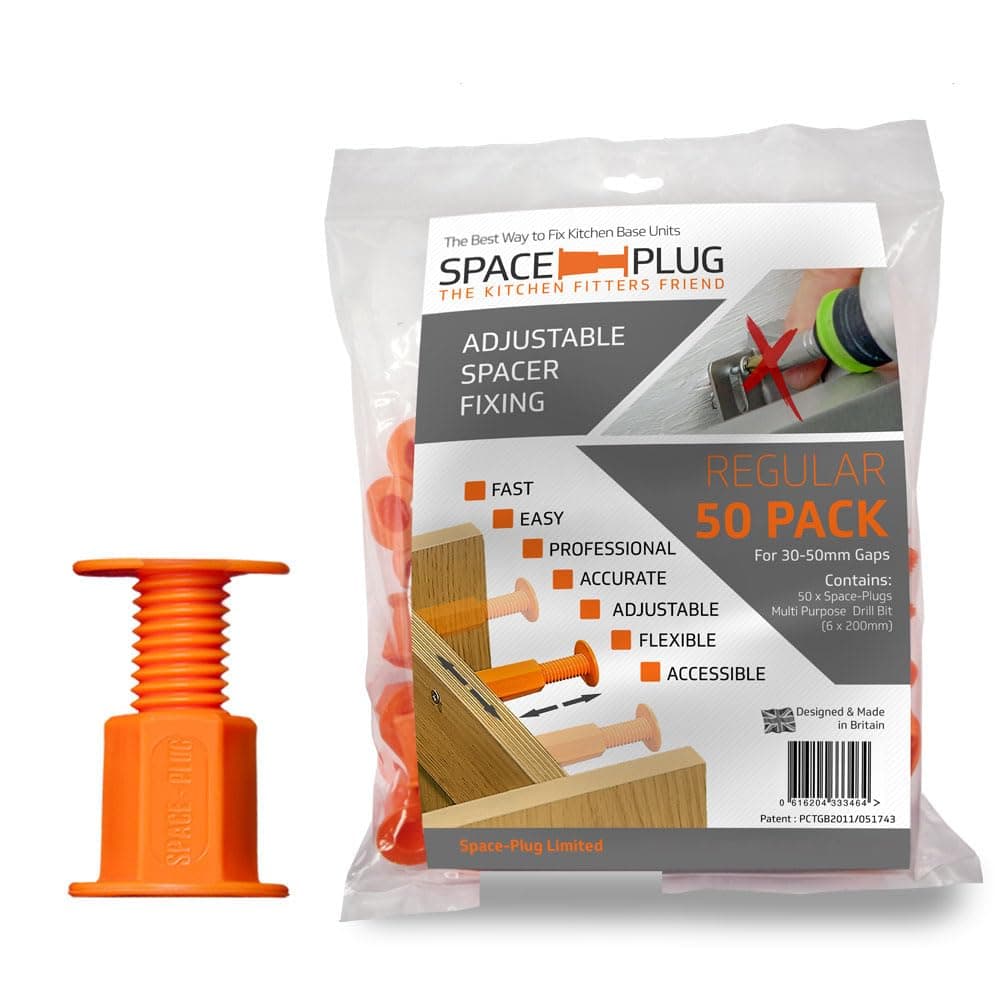 Space-Plug Adjustable Spacer Fixings (Regular Size for 30-50mm Gaps), 50 Pack of Original Orange Spacers, Professional & DIY use for Kitchen, Bedroom, Bathroom & Furniture installations