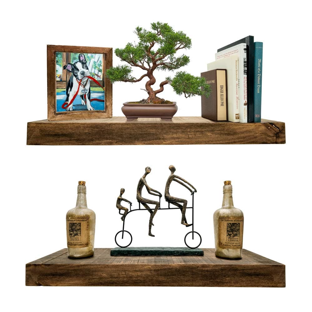 Darvish & Saints Rustic Floating Shelves [Solid Wood] - Natural Grain, Farmhouse Distressed, True Flush Hidden Brackets, Modern Barn Shelf, Livingroom, Kitchen [Set of 2, Espresso Walnut, 24x6x2in]