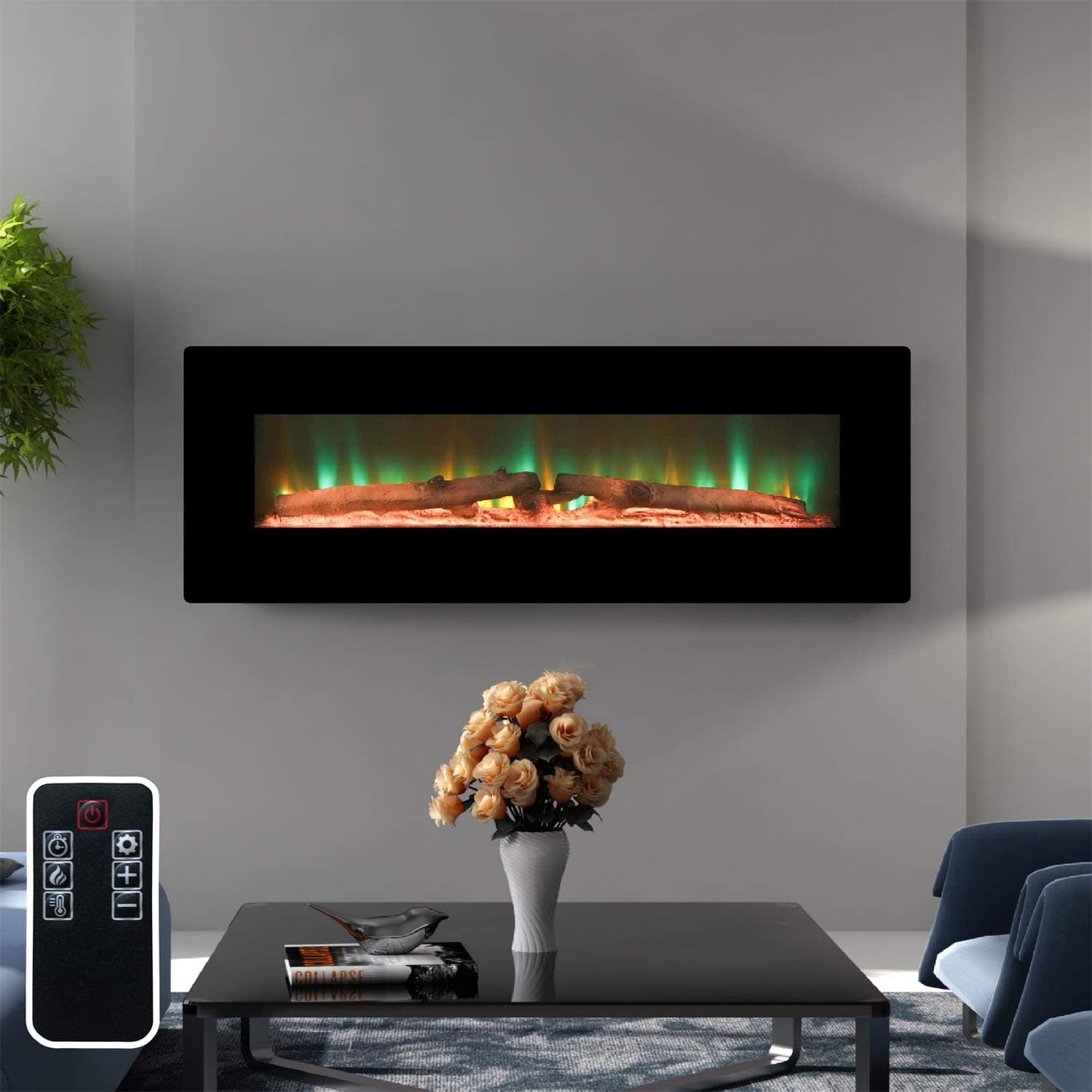 Wall Mount Fireplace 48 Inch Electric Fireplace with Remote Control Timer, Adjustable Log or Crystal Flame, 1500W, Black
