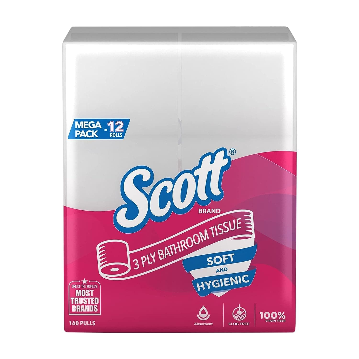 Scott® 3 ply Toilet Paper Tissue Roll, 12 Rolls, 160 Pulls/Roll (Total 1,920 Sheets) (21226)