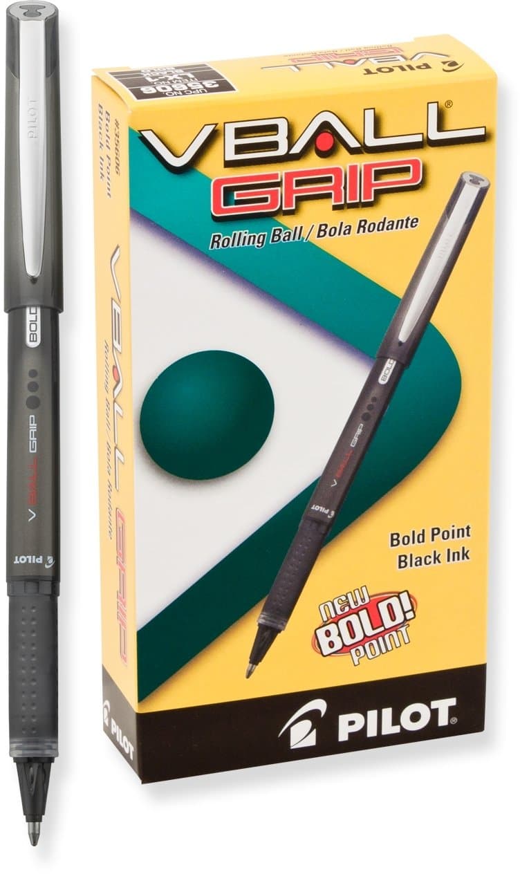 PILOT VBall Grip Liquid Ink Rolling Ball Stick Pens, Bold Point, Black Ink, 12-Pack (35606)