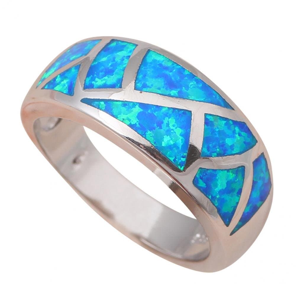 NEROY Retail Blue fire Created Opal Silver Stamped Ring Band For Women Fashion Jewelry Size 10 Or530