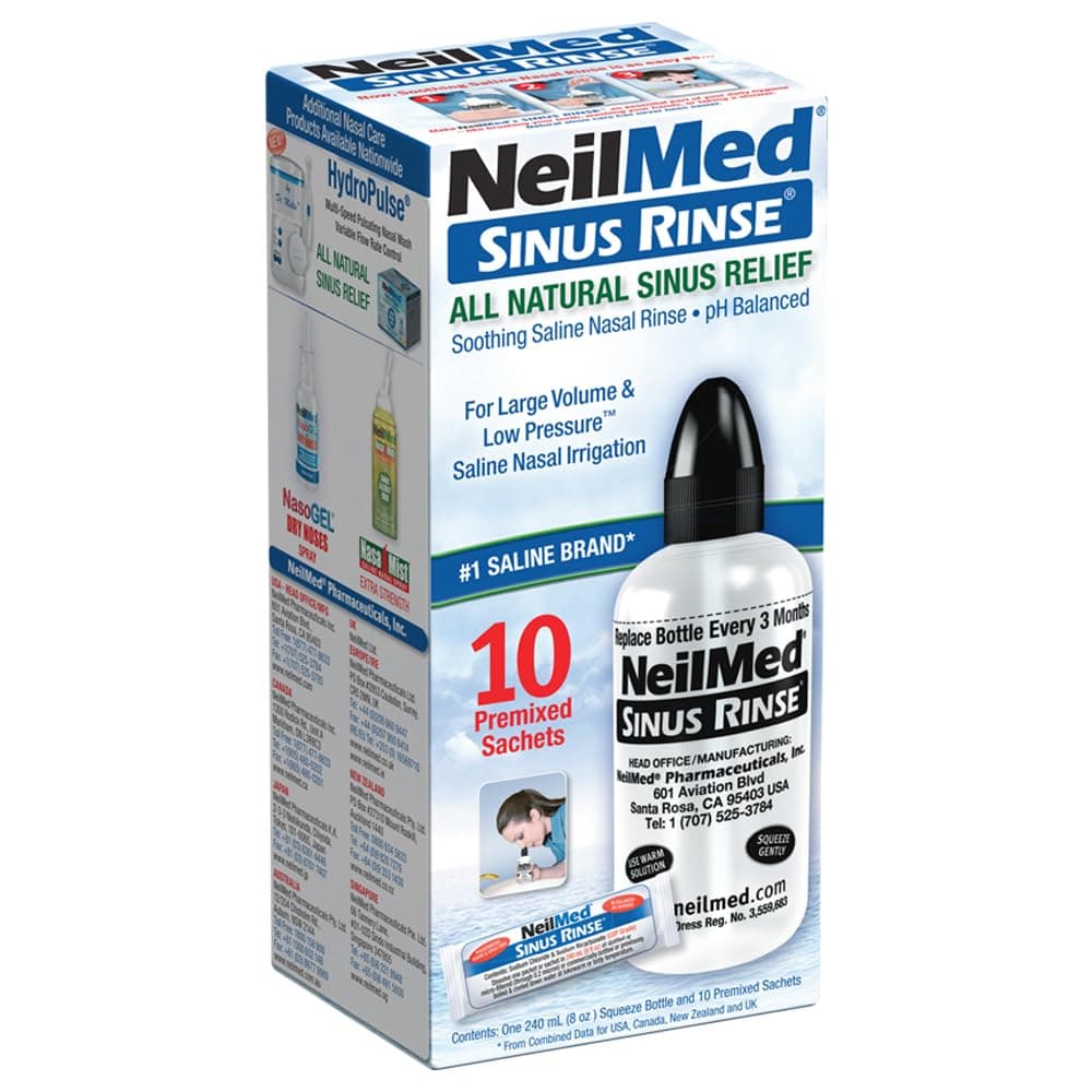 NeilMed Sinus Rinse Starter Kit with 5 Premixed Saline Packets - Large Volume Low Pressure Saline Nasal Irrigation & moisturizing Complete System