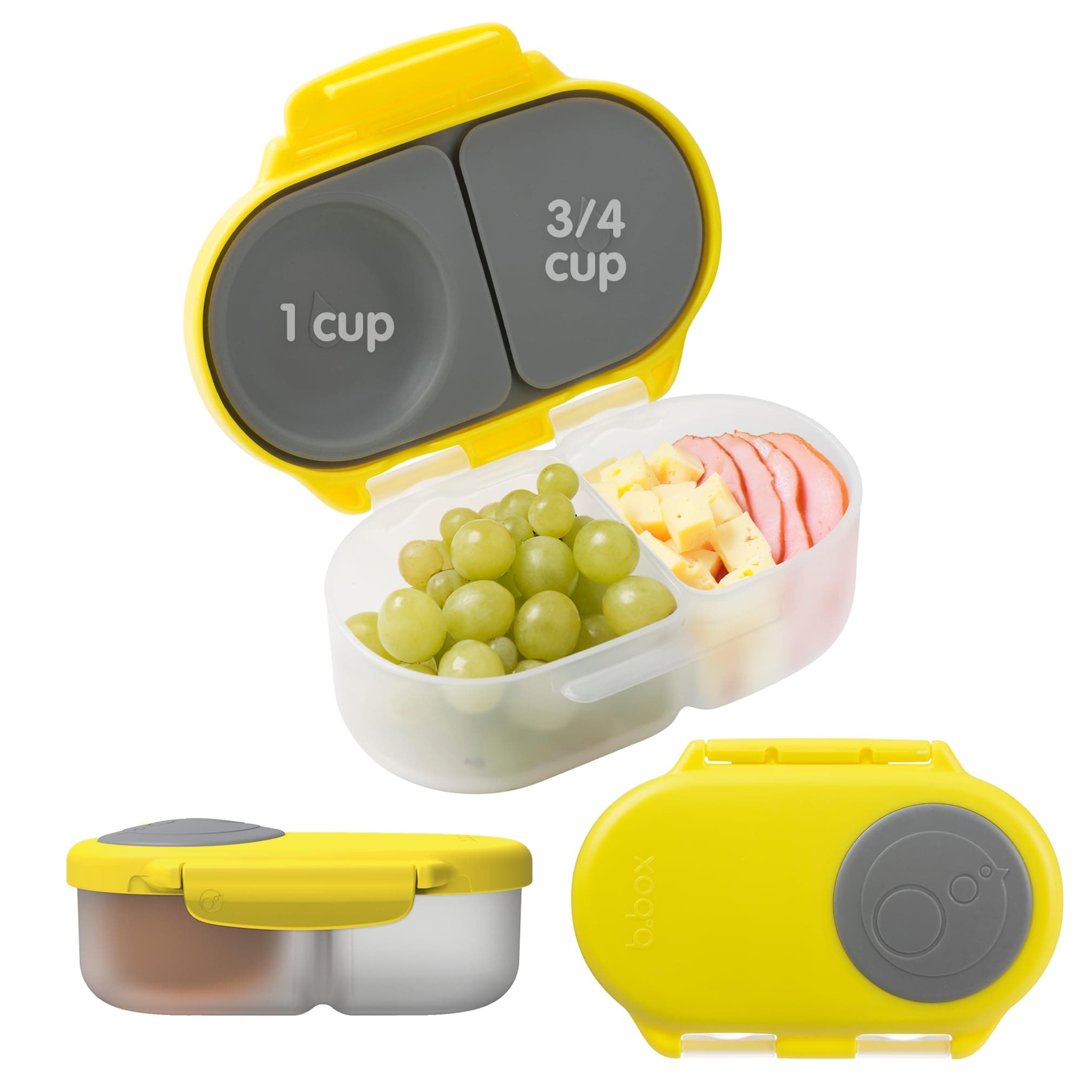 b.box Food Container with Two Lockable Compartments, Silicone Material, Reusable Snack Box for Kids, with Clip for Opening and Closing, Colour: Yellow (Lemon Sherbet)
