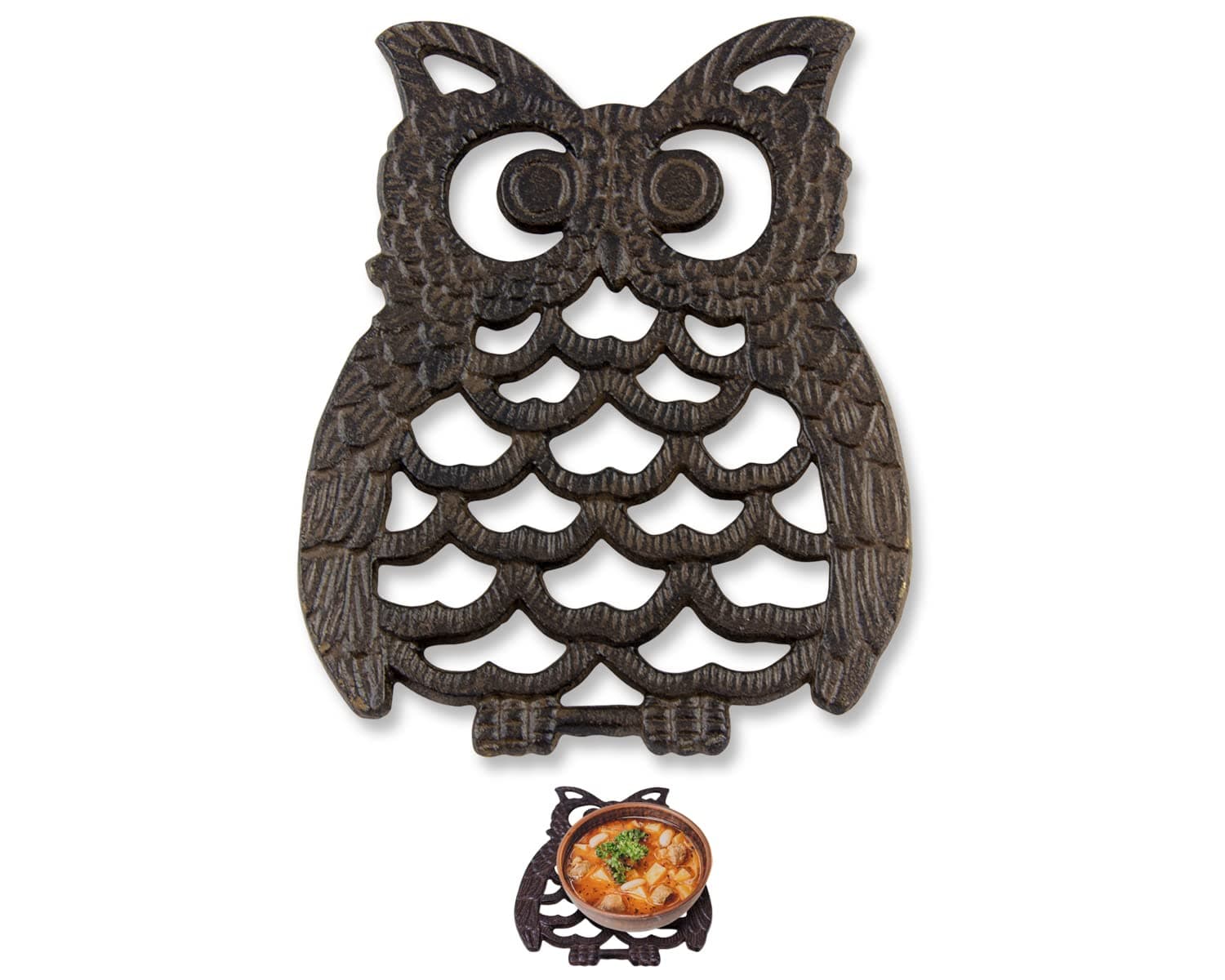 Comfify Cast Iron Owl Trivet - Decorative Trivet for Kitchen Counter or Dining Table Vintage, Farmhouse, Rustic, Artisan Design - 0.3 x 7.5 - with Rubber Pegs/Feet - Recycled Metal - Rust Brown