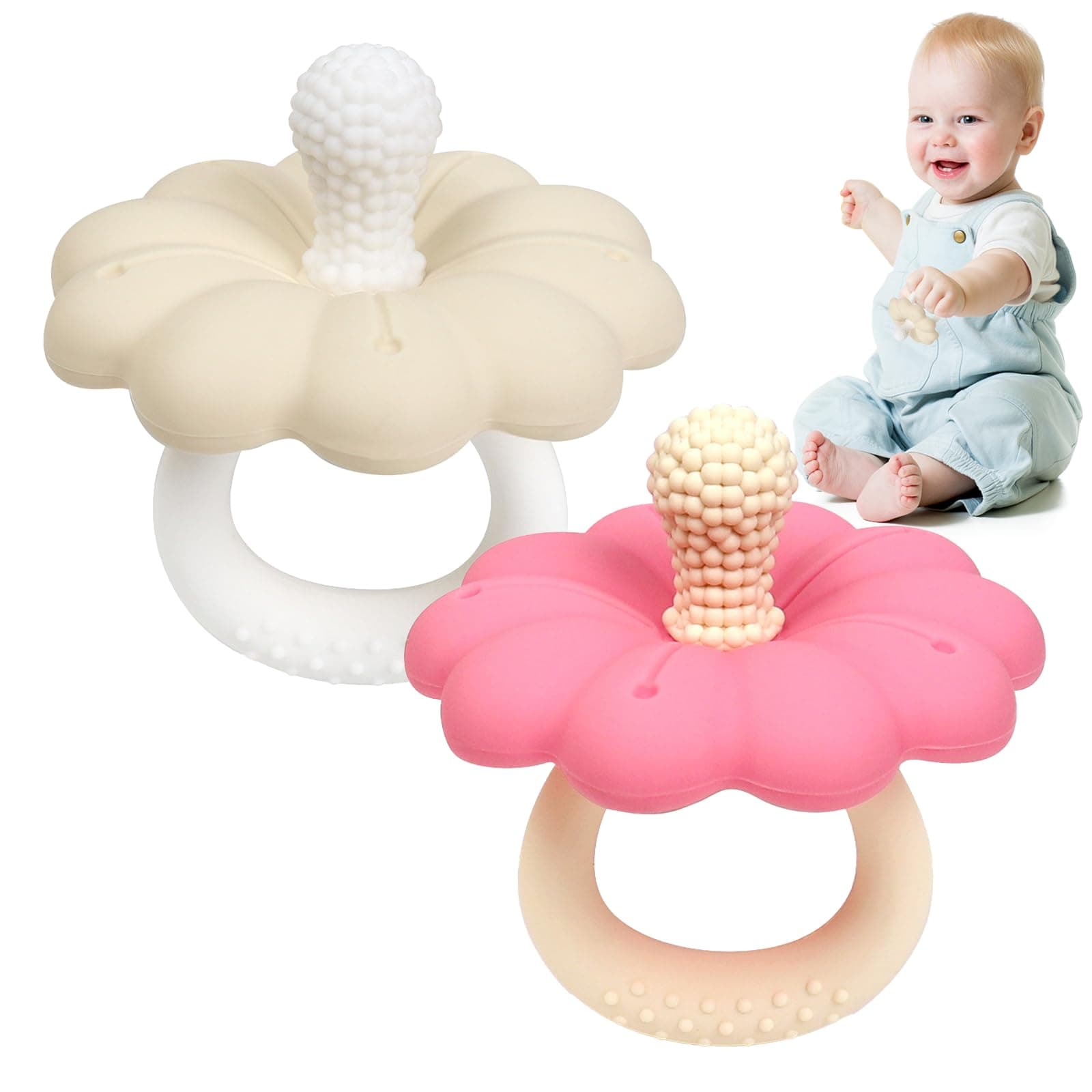 ZOCONE 2 Pack Teething Toys for Baby Teether 3-12 Months, Silicone Baby Teething Toy Cute Teething Dummy for Baby Toys, Best Teething Relief for Babies Infant Teething Toy (Pink)