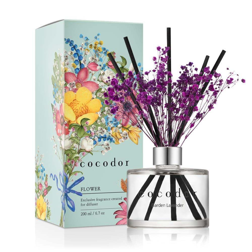 COCODOR Flower Reed Diffuser Set / 6.7oz / Garden Lavender/Scent Diffuser with Sticks Home Fragrance Oil Reed Diffuser for Bathroom Shelf Decor