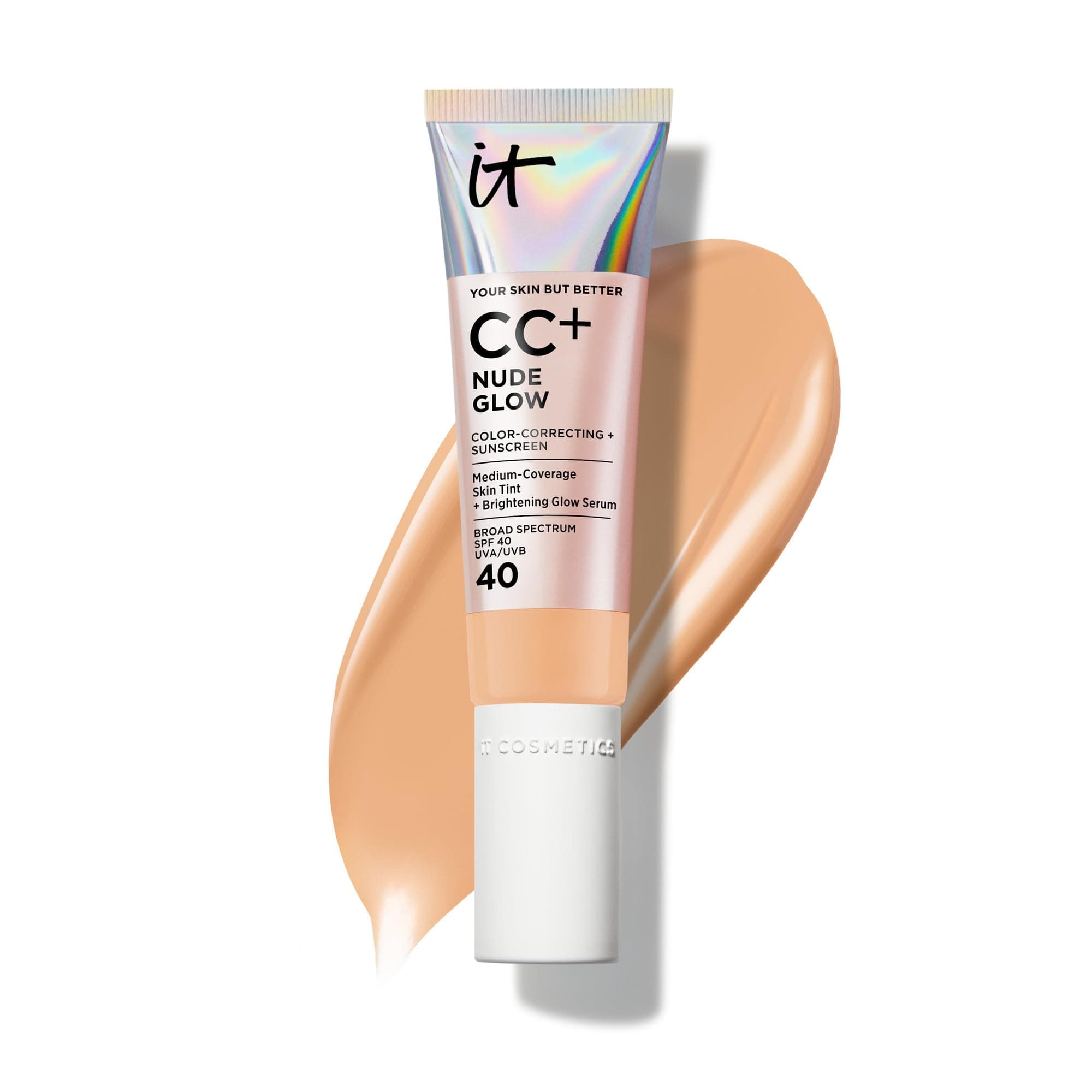 CC+ Nude Glow (Medium Tan) - Medium Coverage Foundation with SPF 40 & Brightening Glow Serum, Lightweight Skin Tint, 2% Niacinamide + Hyaluronic Acid, Up to 24H Hydration - 1.08 fl oz