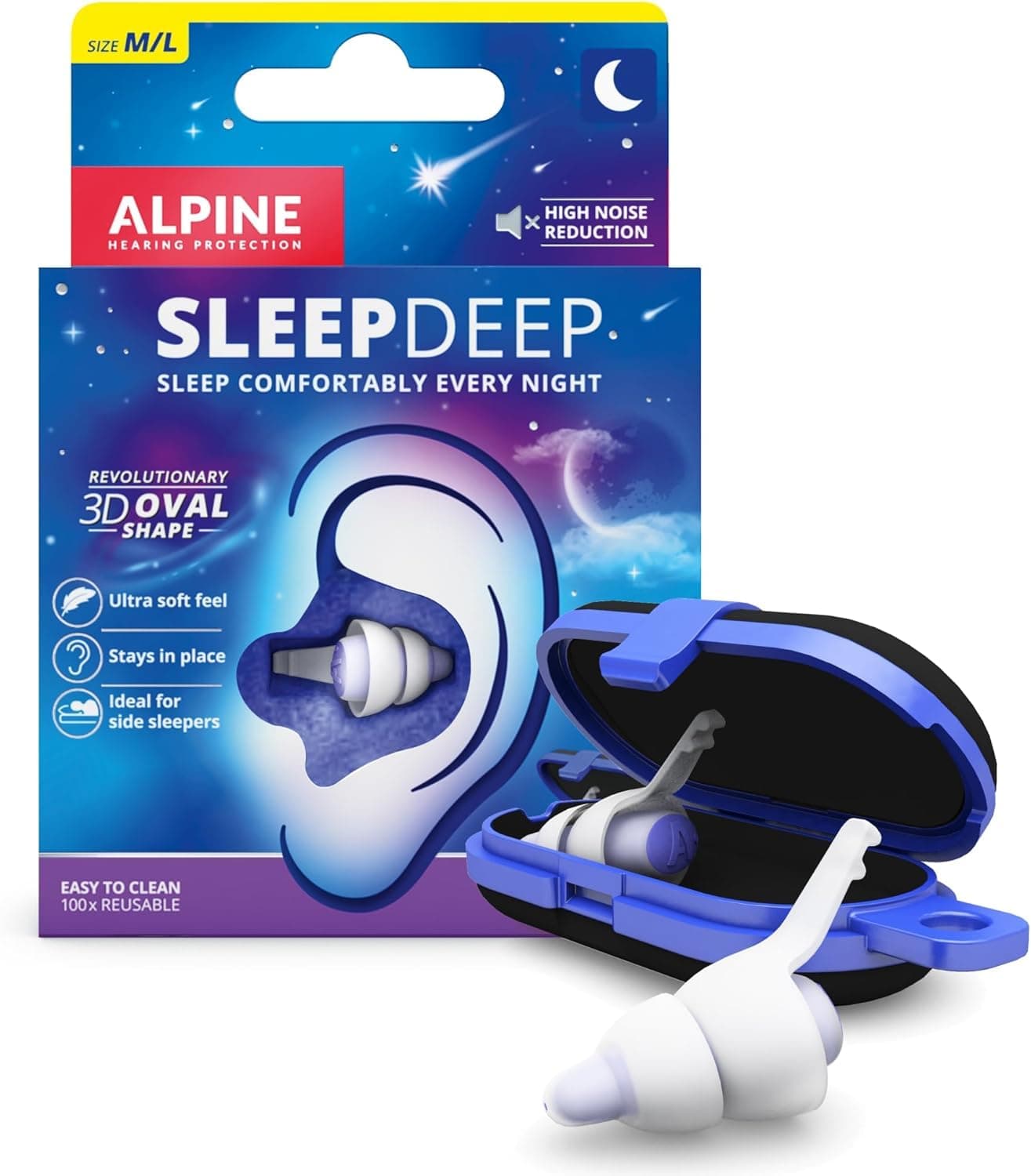 Alpine SleepDeep - Sleeping Earplugs - 3D Oval and Super Soft Reusable Noise Cancelling Earplugs - 27dB Noise Reduction - Perfect for Side Sleepers and Snoring Block (M/L)