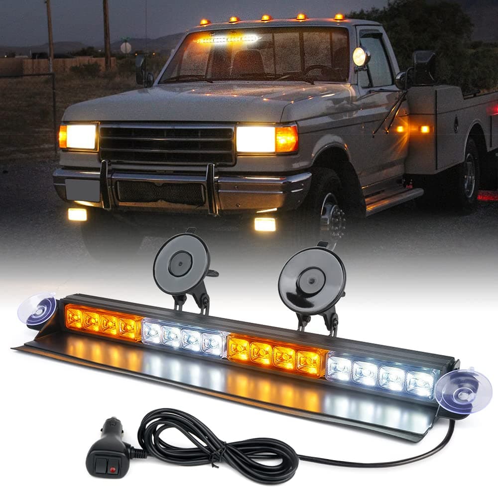 Xprite Windshield Dash Strobe Light Bar Aluminum w/Suction Cups, White&Amber LED Deck Hazard Warning Flashing Traffic Advisor Lights for Emergency Construction Vehicles POV Trucks EMS Snowplow