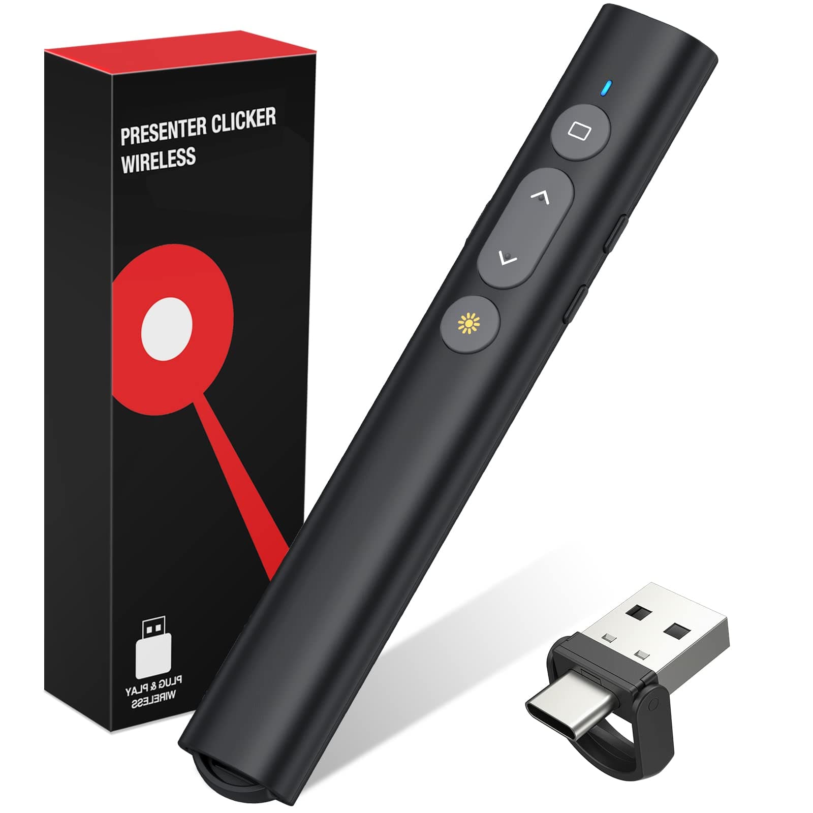 2 in 1 USB Type C Presentation Clicker with Red Laser Pointer