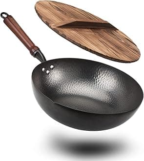 Hand Hammered Carbon Steel Wok Pan With Lid