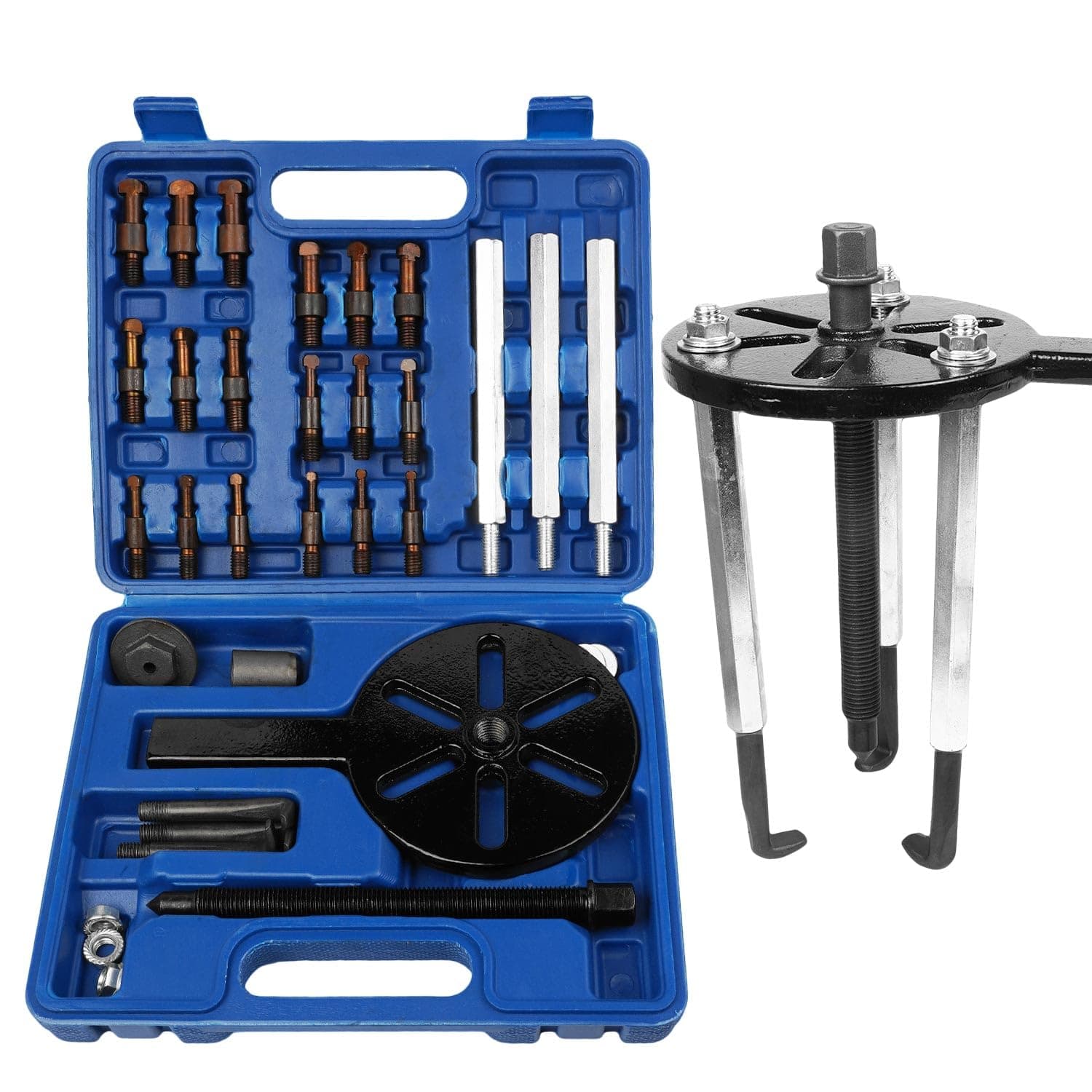 21 Pieces Bearing Puller Set, with Red Steel Collets, Inner Hole Puller, 3-Jaw Hook Puller, Multifunctional Bearing Removal Tool, Bearing Disassembly Gear Puller, Blue
