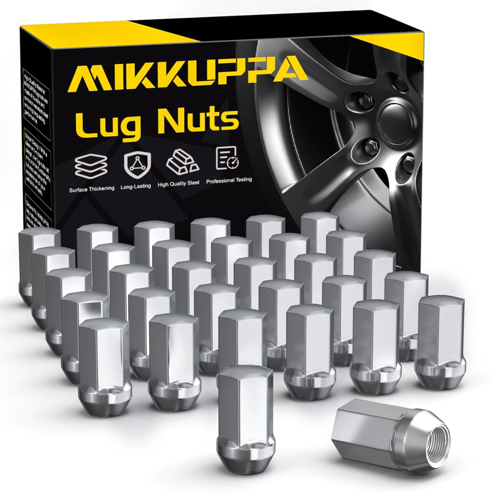 MIKKUPPA 32pcs M14x1.5 Lug Nuts - Replacement for Chevy Silverado GMC Sierra Ram 2500 3500 Factory OEM Wheel, Chrome 1.75" Height 7/8" Hex Closed End One-Piece Design Tire Lug Nuts 611-236 9596070