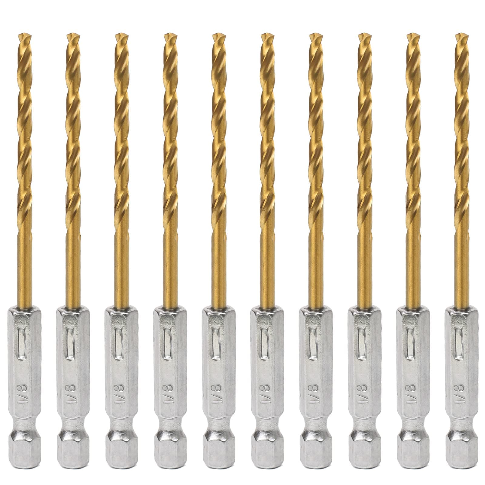 Hex Shank Drill Bits - Set of 10Pcs, 1/8 Inch Premium 4341 HSS Titanium Impact Hex Drill Bits for Wood, Steel, Metal, Plastic, Quick Change Design