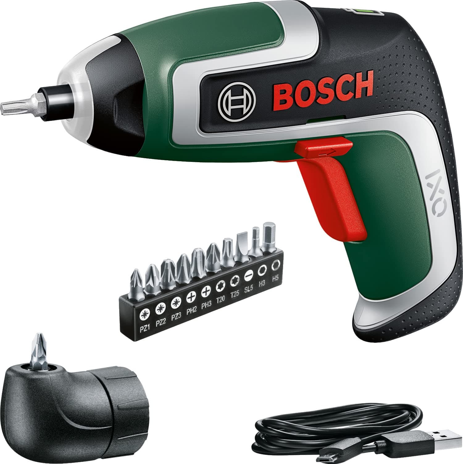 Bosch IXO compact battery screwdriver set (7th generation; 3.6V; 2.0Ah; 5.5Nm; angled screw-in adapter; with micro USB cable; screws up to 190 screws; box)