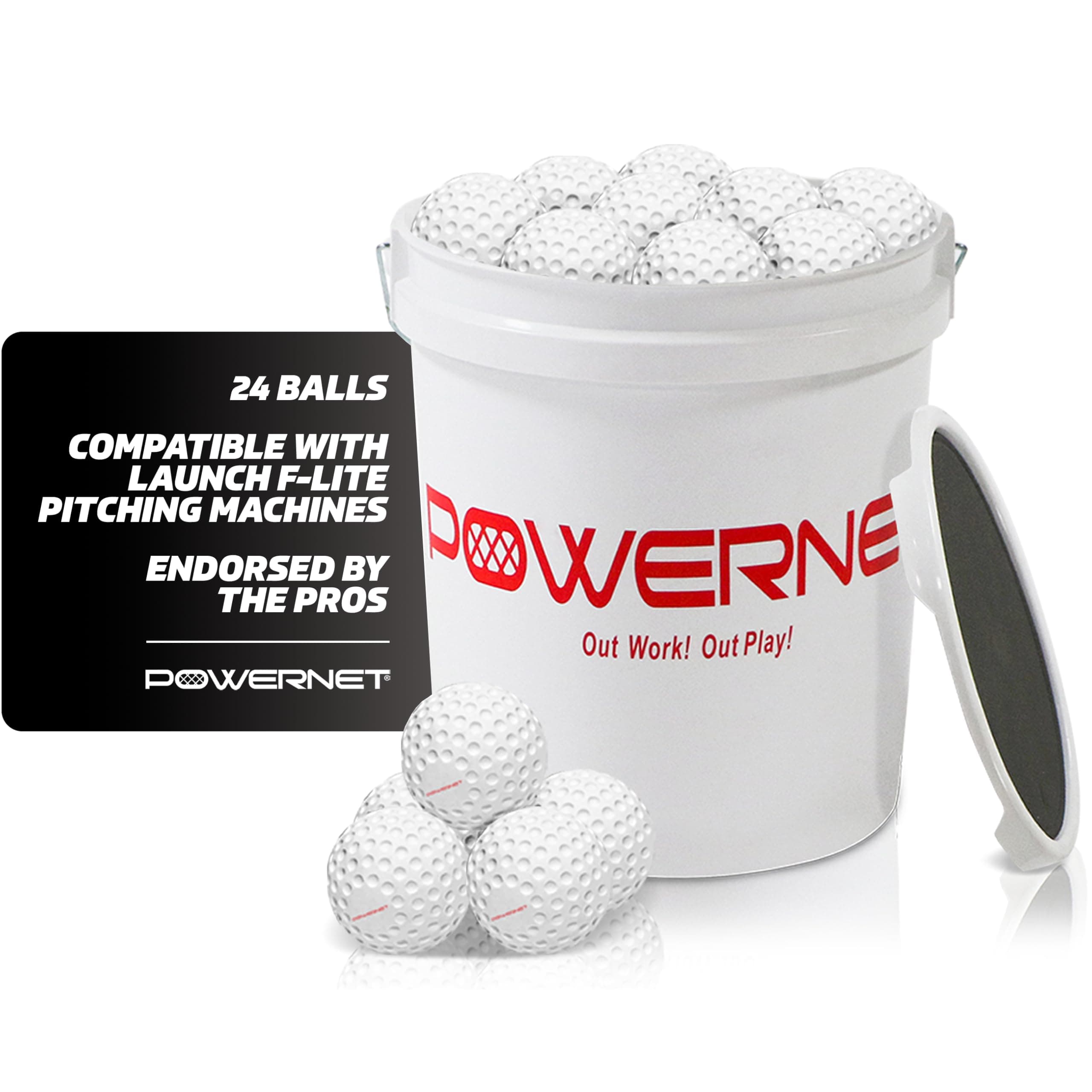 PowerNet Launch F-lite Softball & Baseball Pitching Machine, Dimpled Practice Balls, Bucket of Baseballs, Coaching Bucket Bundle for Pitching Machine, Baseball Training Equipment