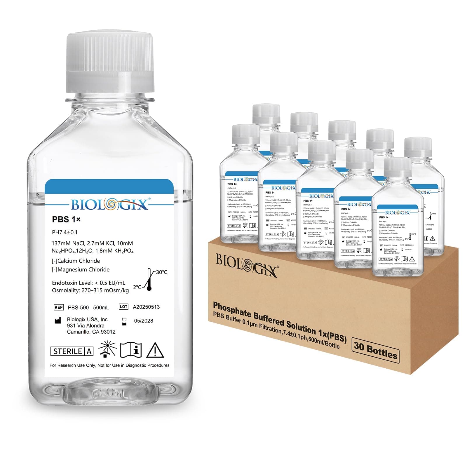 Phosphate Buffered Saline 1X, PBS Buffer 0.1um Filtration, 7.4pH, Sterilize, Reay to use Buffer for Laboratory, 500ml/Bottle, 30 Bottle/Case